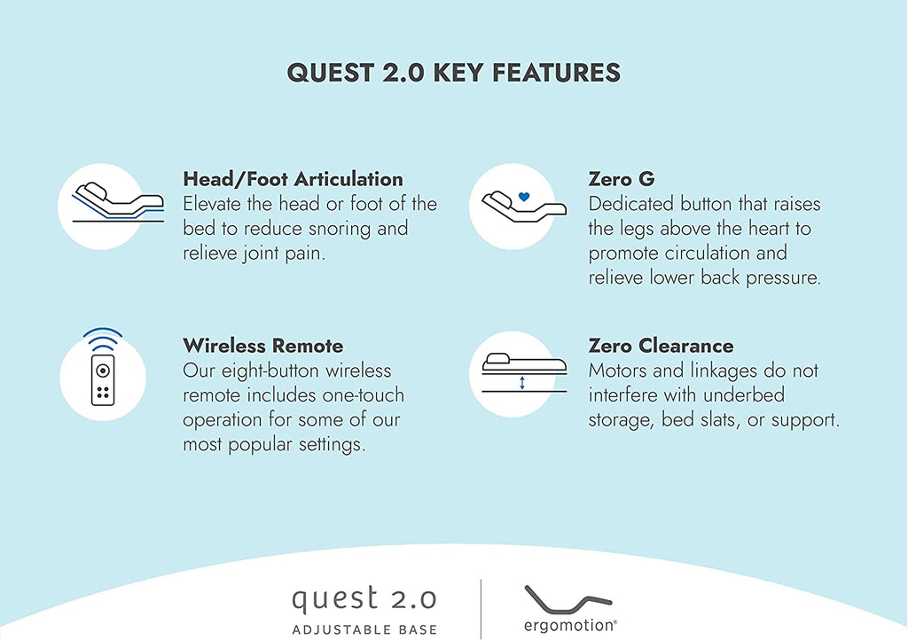 Ergomotion - Quest 2.0 - Adjustable Bed Frame - Slim Adjustable Bed Base with Head & Foot Articulation and Wireless Remote, Zero Gravity Capable - King - Works with Most Mattresses